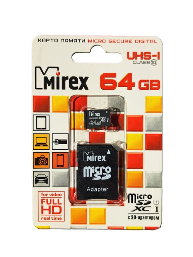 Карта памяти micro SD 64GB Mirex UHS-I Class 10 с адаптером